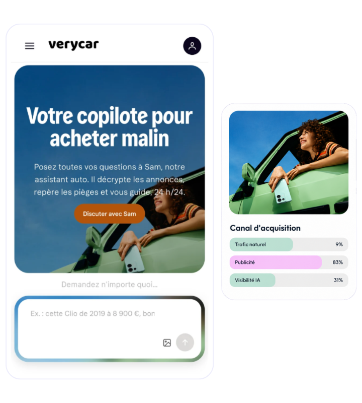 Écrans d'application mobile montrant la répartition du canal d'acquisition : trafic naturel, publicité et visibilité IA.